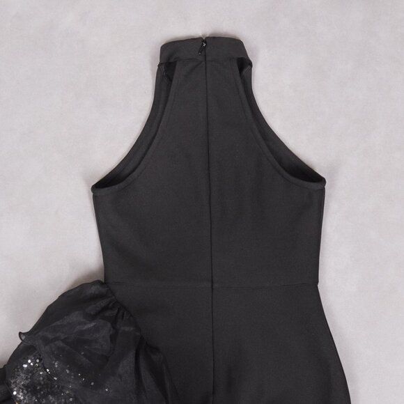 Black Halter Ruffle Sequin Gown - Asymmetrical Maxi Dress! - Picture 13 of 16